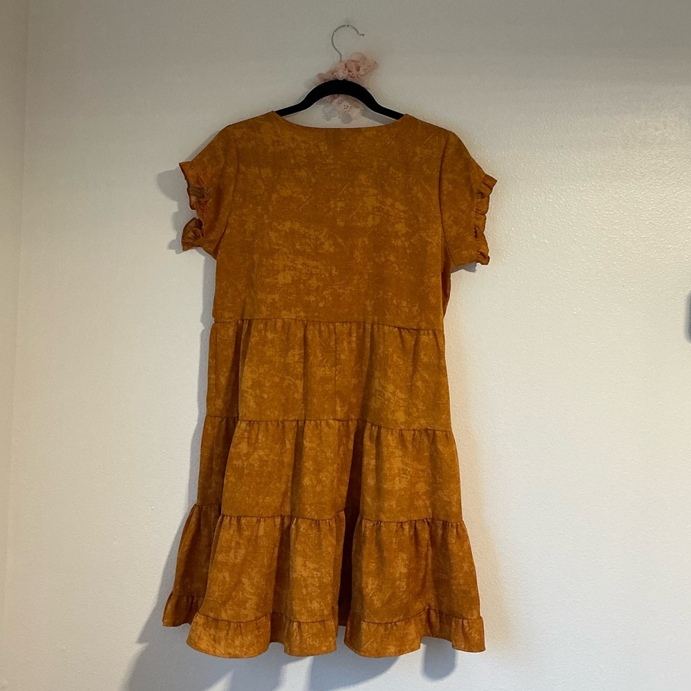Deep Mustard Yellow V-neck Mini Dress with Ruffle Sleeves and Hem - Picture 7 of 10